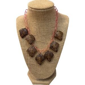 1940s Carved Wooden Leaf Necklace on Pink Celluloid Chain